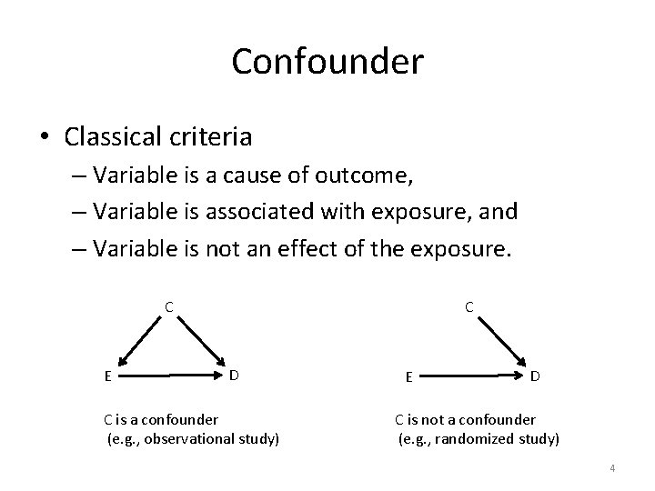 Confounder • Classical criteria – Variable is a cause of outcome, – Variable is