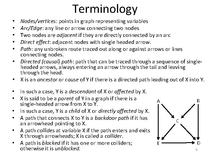 Terminology Nodes/vertices: points in graph representing variables Arc/Edge: any line or arrow connecting two