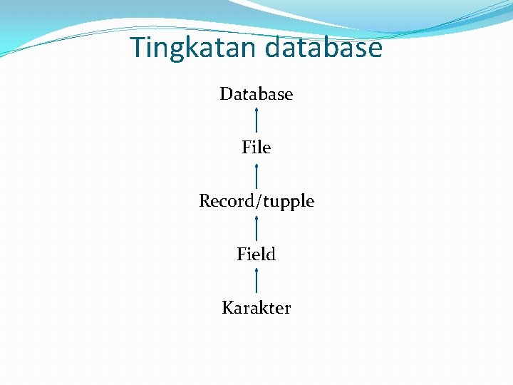 Tingkatan database Database File Record/tupple Field Karakter 