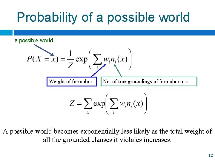 Probability of a possible world Weight of formula i No. of true groundings of