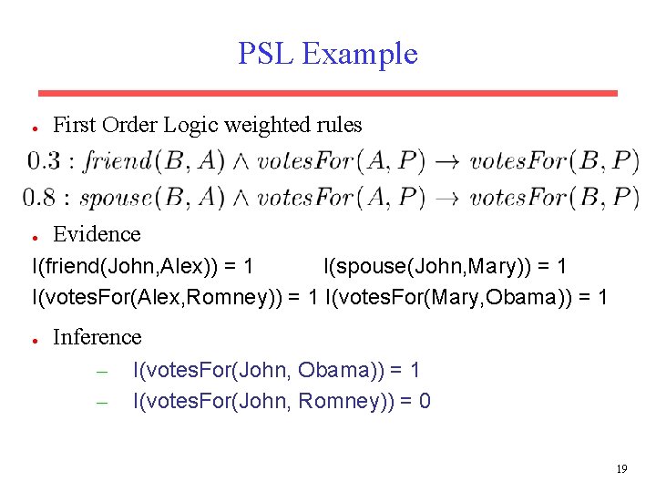 PSL Example ● First Order Logic weighted rules ● Evidence I(friend(John, Alex)) = 1