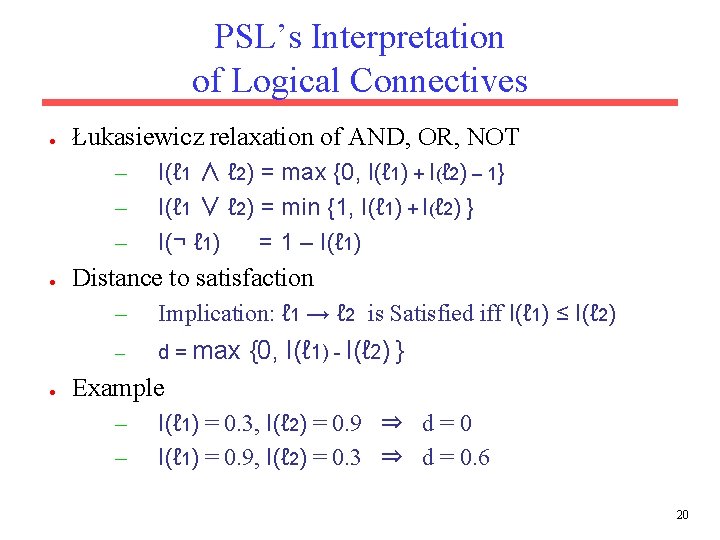 PSL’s Interpretation of Logical Connectives ● Łukasiewicz relaxation of AND, OR, NOT – –