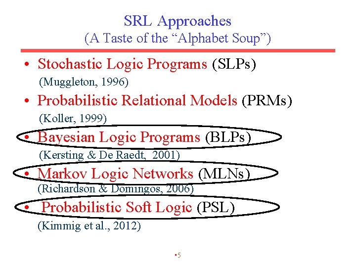 SRL Approaches (A Taste of the “Alphabet Soup”) • Stochastic Logic Programs (SLPs) (Muggleton,
