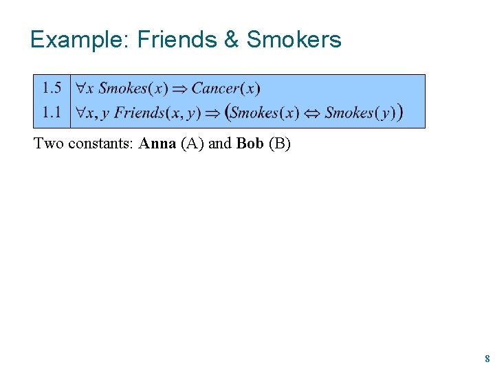 Example: Friends & Smokers Two constants: Anna (A) and Bob (B) 8 