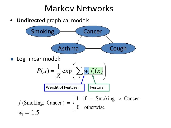 Markov Networks • Undirected graphical models Smoking Cancer Asthma l Cough Log-linear model: Weight