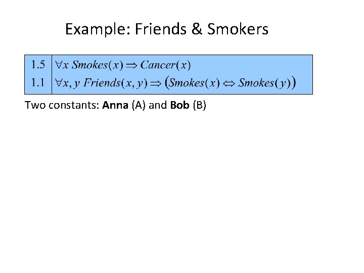 Example: Friends & Smokers Two constants: Anna (A) and Bob (B) 