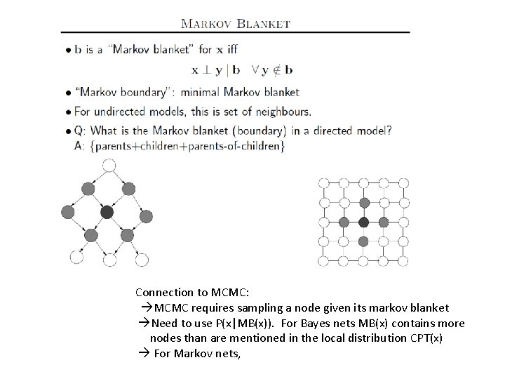 Connection to MCMC: MCMC requires sampling a node given its markov blanket Need to