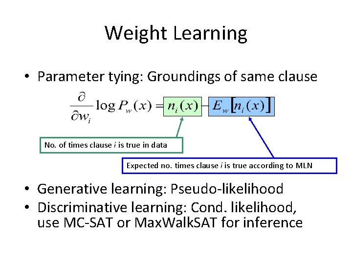 Weight Learning • Parameter tying: Groundings of same clause No. of times clause i