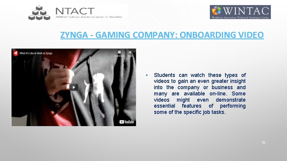 ZYNGA - GAMING COMPANY: ONBOARDING VIDEO • Students can watch these types of videos