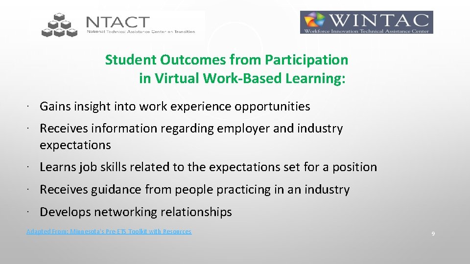 Student Outcomes from Participation in Virtual Work-Based Learning: ∙ Gains insight into work experience
