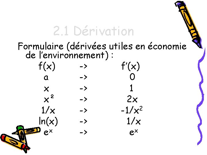 2. 1 Dérivation Formulaire (dérivées utiles en économie de l’environnement) : f(x) -> f’(x)