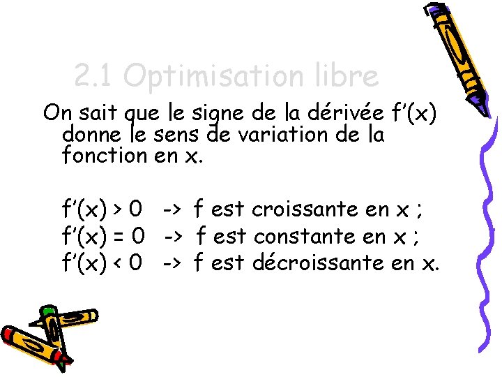 2. 1 Optimisation libre On sait que le signe de la dérivée f’(x) donne