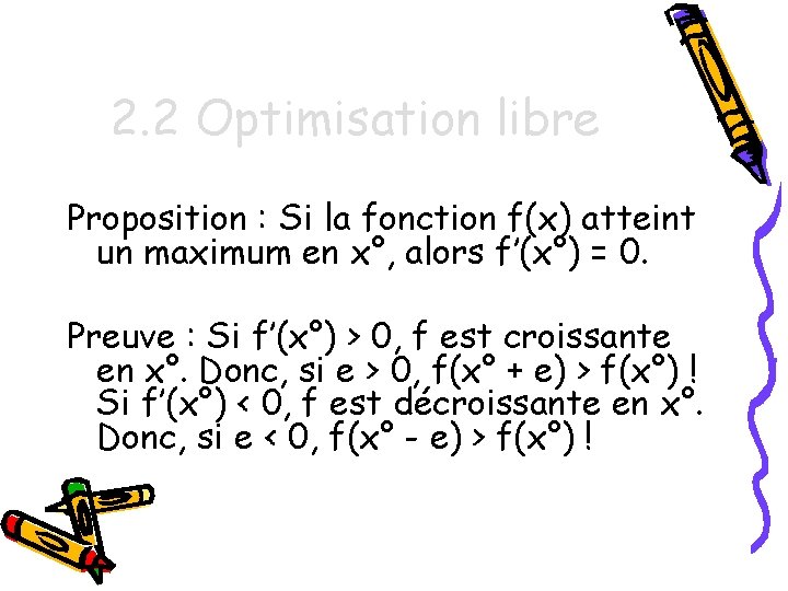 2. 2 Optimisation libre Proposition : Si la fonction f(x) atteint un maximum en
