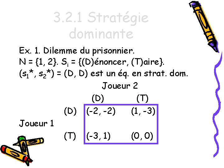 3. 2. 1 Stratégie dominante Ex. 1. Dilemme du prisonnier. N = {1, 2}.