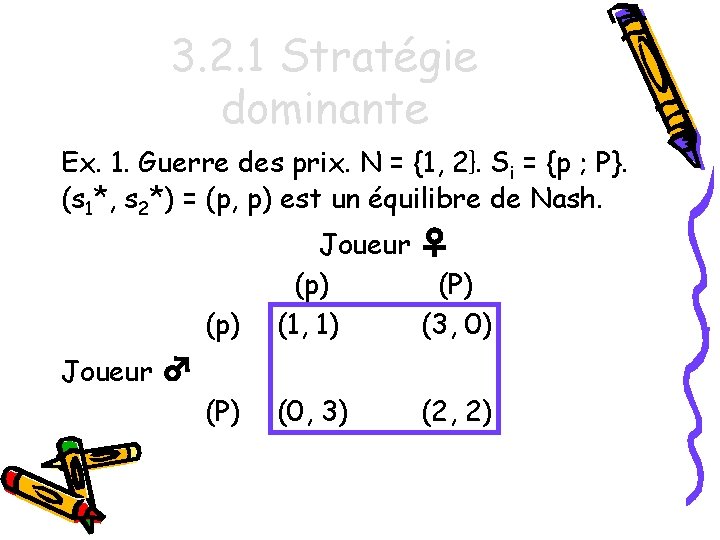 3. 2. 1 Stratégie dominante Ex. 1. Guerre des prix. N = {1, 2}.