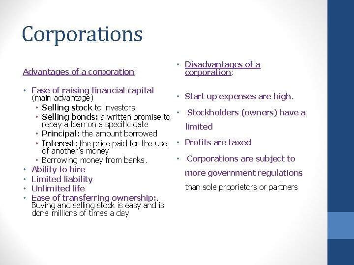 Corporations Advantages of a corporation: • Ease of raising financial capital (main advantage) • Corporations Advantages of a corporation: • Ease of raising financial capital (main advantage) •