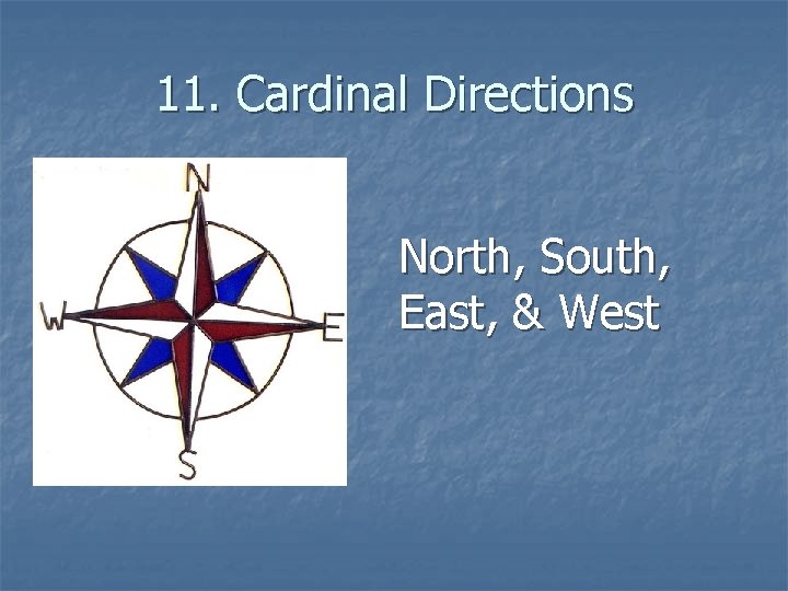 11. Cardinal Directions North, South, East, & West 