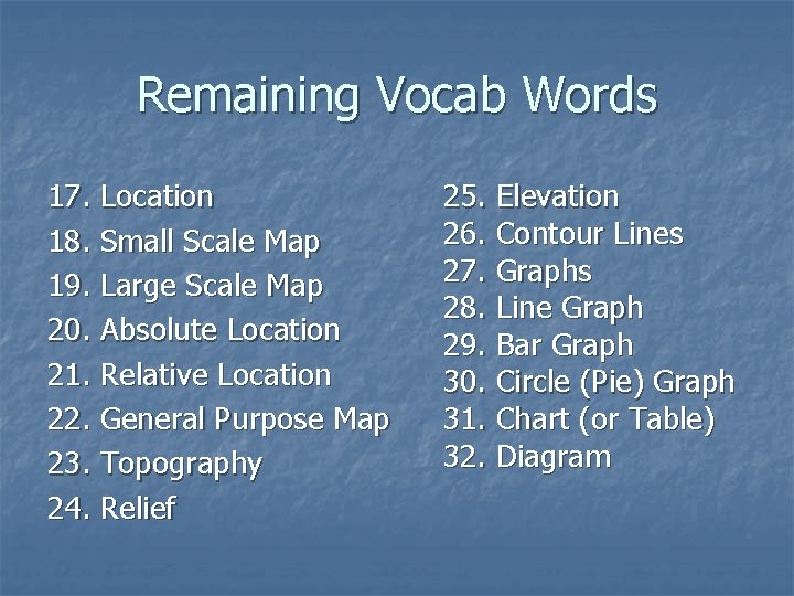 Remaining Vocab Words 17. Location 18. Small Scale Map 19. Large Scale Map 20.