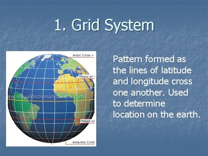 1. Grid System Pattern formed as the lines of latitude and longitude cross one