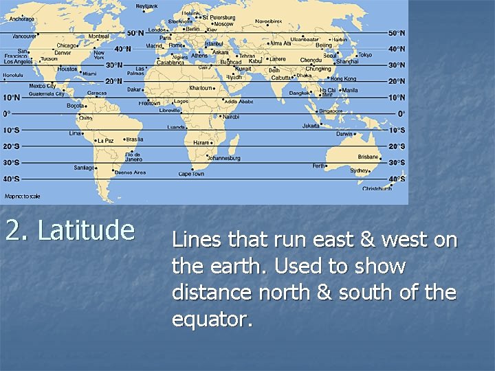 2. Latitude Lines that run east & west on the earth. Used to show
