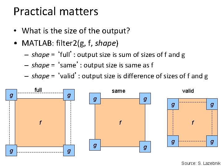 Practical matters • What is the size of the output? • MATLAB: filter 2(g,