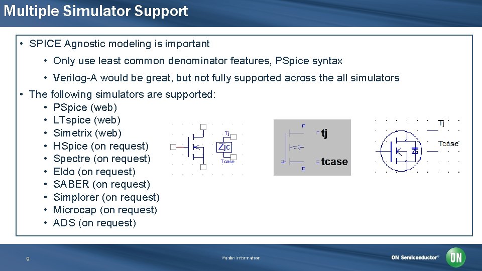 Multiple Simulator Support • SPICE Agnostic modeling is important • Only use least common