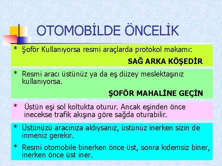 OTOMOBİLDE ÖNCELİK * Şoför Kullanıyorsa resmi araçlarda protokol makamı: SAĞ ARKA KÖŞEDİR * Resmi