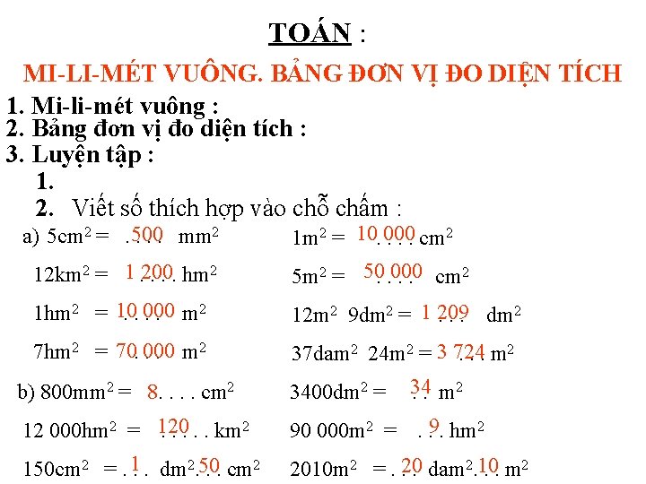 TOÁN : MI-LI-MÉT VUÔNG. BẢNG ĐƠN VỊ ĐO DIỆN TÍCH 1. Mi-li-mét vuông :