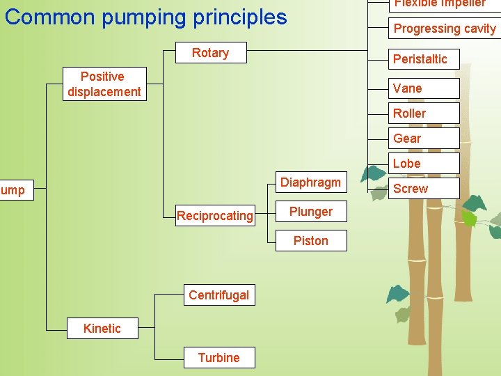 Flexible Impeller Common pumping principles Progressing cavity Rotary Peristaltic Positive displacement Vane Roller Gear