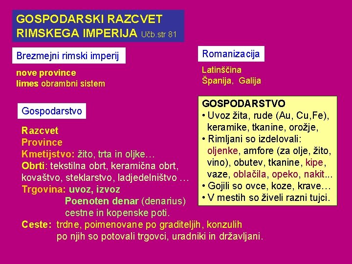 GOSPODARSKI RAZCVET RIMSKEGA IMPERIJA Učb. str 81 Brezmejni rimski imperij Romanizacija nove province limes