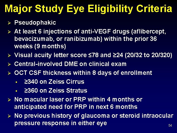 Major Study Eye Eligibility Criteria Ø Ø Ø Ø Pseudophakic At least 6 injections