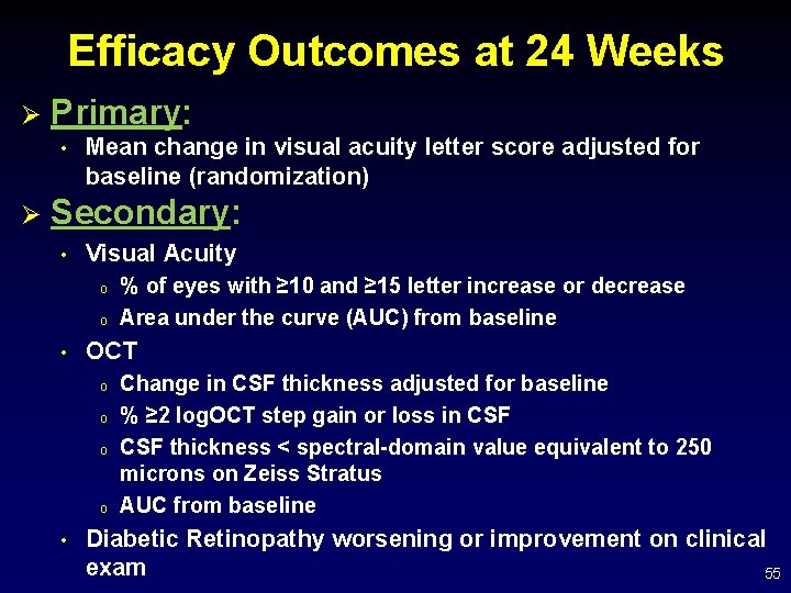 Efficacy Outcomes at 24 Weeks Ø Primary: • Ø Mean change in visual acuity