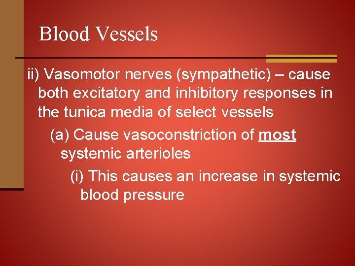 Blood Vessels ii) Vasomotor nerves (sympathetic) – cause both excitatory and inhibitory responses in