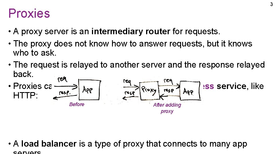 3 Proxies • A proxy server is an intermediary router for requests. • The