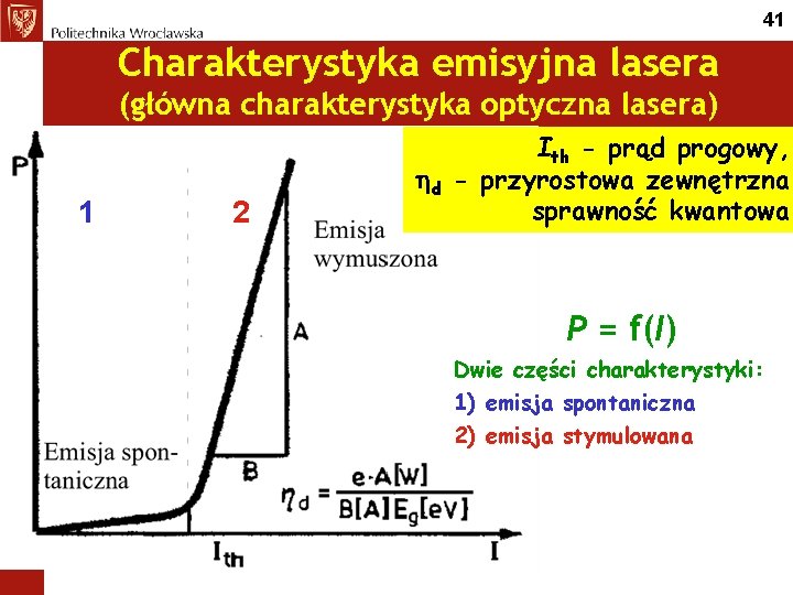 41 Charakterystyka emisyjna lasera (główna charakterystyka optyczna lasera) 1 2 Ith - prąd progowy,