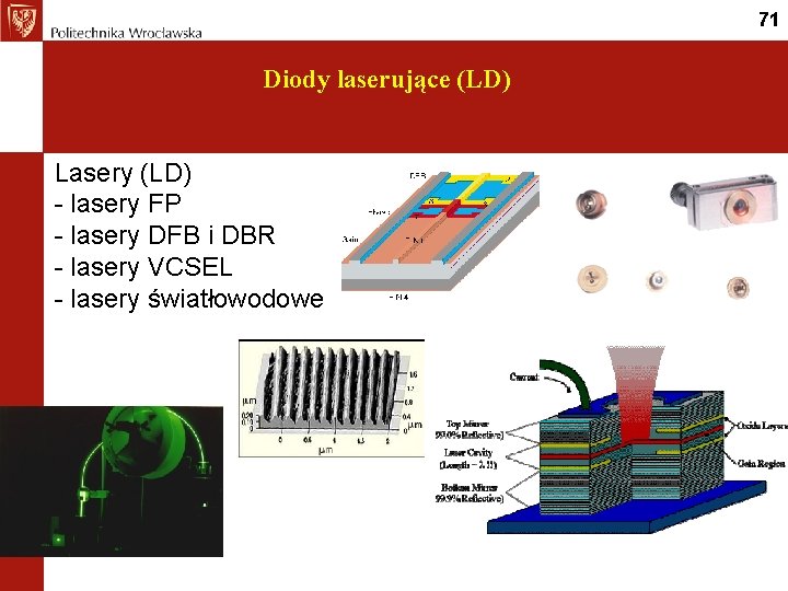 71 Diody laserujące (LD) Lasery (LD) - lasery FP - lasery DFB i DBR