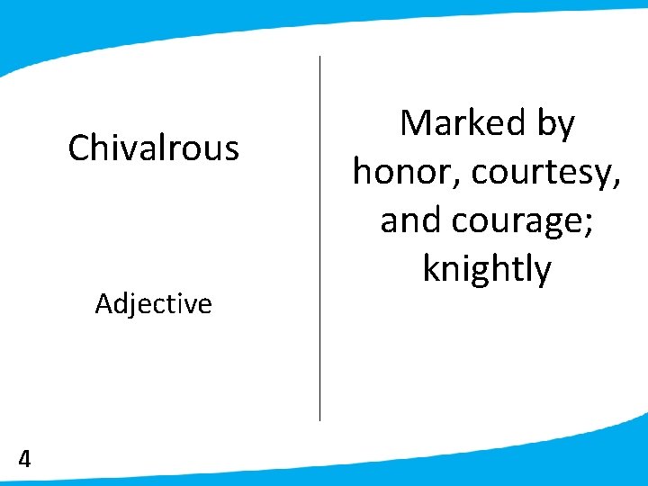 Chivalrous Adjective 4 Marked by honor, courtesy, and courage; knightly 