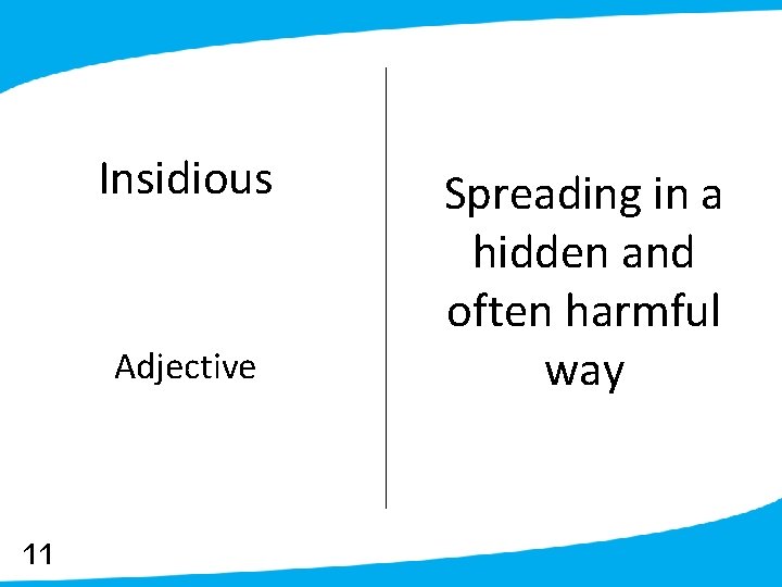 Insidious Adjective 11 Spreading in a hidden and often harmful way 