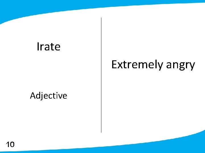 Irate Extremely angry Adjective 10 