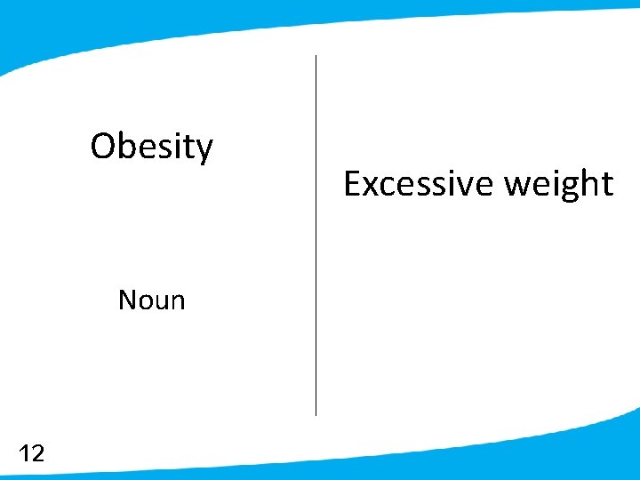 Obesity Noun 12 Excessive weight 