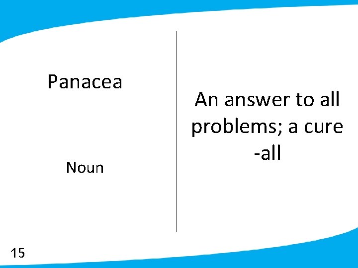 Panacea Noun 15 An answer to all problems; a cure -all 