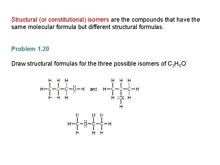 Structural (or constitutional) isomers are the compounds that have the same molecular formula but