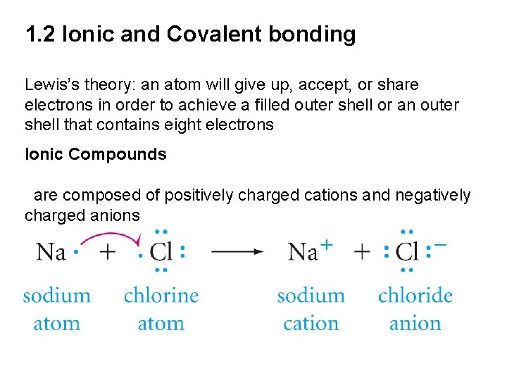 1. 2 Ionic and Covalent bonding Lewis’s theory: an atom will give up, accept,