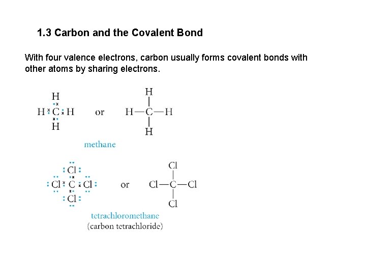 1. 3 Carbon and the Covalent Bond With four valence electrons, carbon usually forms
