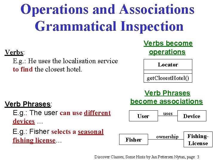 Operations and Associations Grammatical Inspection Verbs become operations Verbs: Verbs E. g. : He