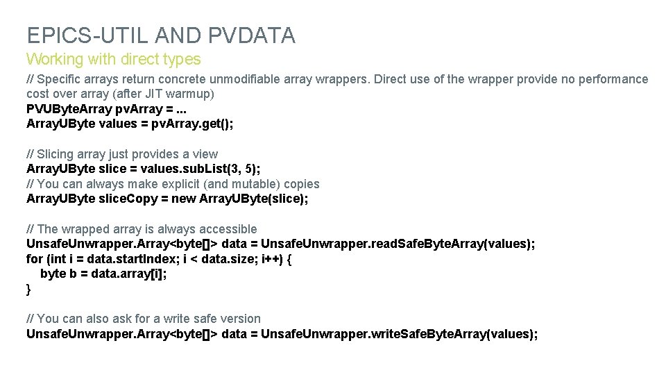 EPICS-UTIL AND PVDATA Working with direct types // Specific arrays return concrete unmodifiable array