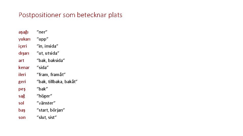 Postpositioner som betecknar plats aşağı yukarı içeri dışarı art kenar ileri geri peş sağ