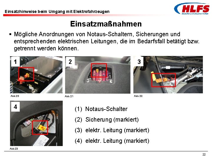 Einsatzhinweise beim Umgang mit Elektrofahrzeugen Einsatzmaßnahmen § Mögliche Anordnungen von Notaus-Schaltern, Sicherungen und entsprechenden