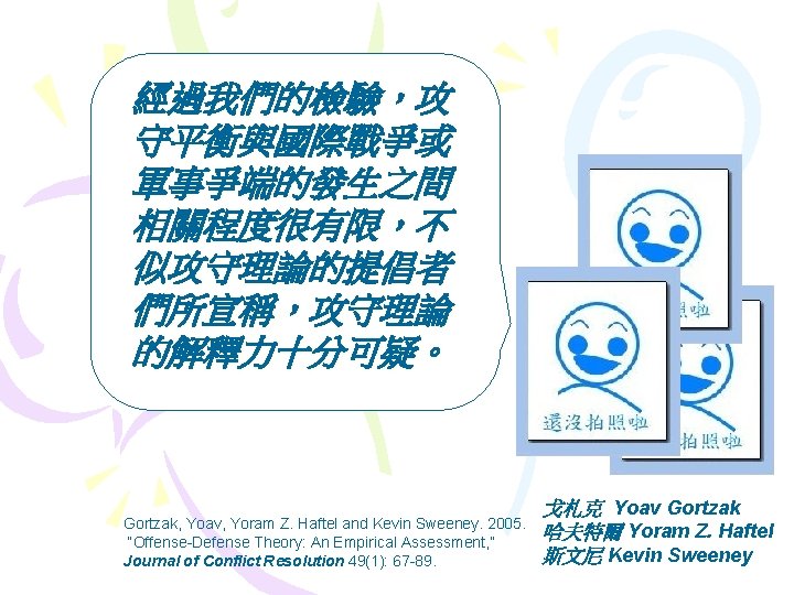 經過我們的檢驗,攻 守平衡與國際戰爭或 軍事爭端的發生之間 相關程度很有限,不 似攻守理論的提倡者 們所宣稱,攻守理論 的解釋力十分可疑。 Gortzak, Yoav, Yoram Z. Haftel and Kevin 經過我們的檢驗,攻 守平衡與國際戰爭或 軍事爭端的發生之間 相關程度很有限,不 似攻守理論的提倡者 們所宣稱,攻守理論 的解釋力十分可疑。 Gortzak, Yoav, Yoram Z. Haftel and Kevin