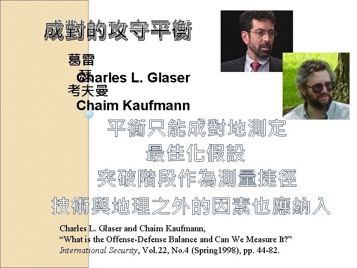 成對的攻守平衡 葛雷 瑟 Charles L. Glaser 考夫曼 Chaim Kaufmann 平衡只能成對地測定 最佳化假設 突破階段作為測量捷徑 技術與地理之外的因素也應納入 Charles 成對的攻守平衡 葛雷 瑟 Charles L. Glaser 考夫曼 Chaim Kaufmann 平衡只能成對地測定 最佳化假設 突破階段作為測量捷徑 技術與地理之外的因素也應納入 Charles